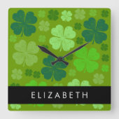 グリーンクローバー、ラッキークローバー、あなたの名前 スクエア壁時計 (正面)
