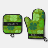 グリーンクローバー、ラッキークローバー、あなたの名前 鍋つかみ&鍋敷きセット (正面)