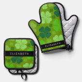 グリーンクローバー、ラッキークローバー、あなたの名前 鍋つかみ&鍋敷きセット (正面/裏面)