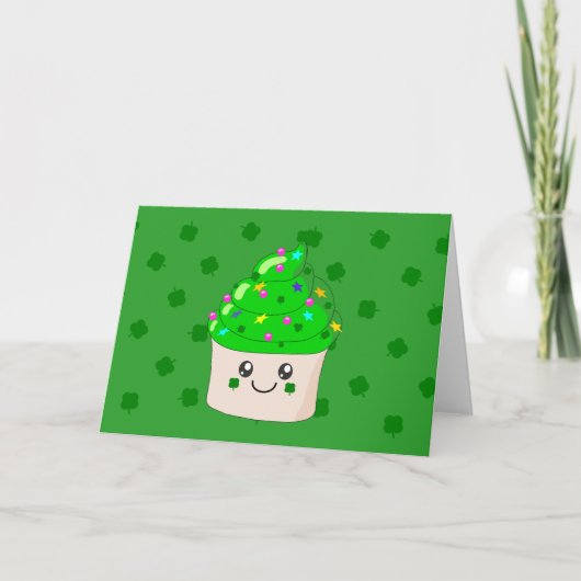 グリーンクローバーSt patricks dayキュートカップケーキ カード (正面)