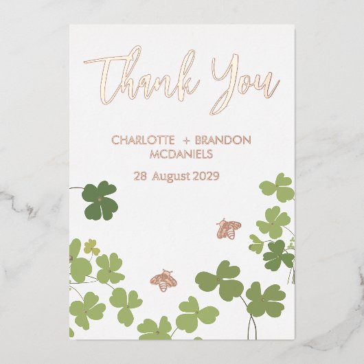 グリーンクローバ離れーズ。結婚ありがとう金ゴールド 箔招待状 (正面)
