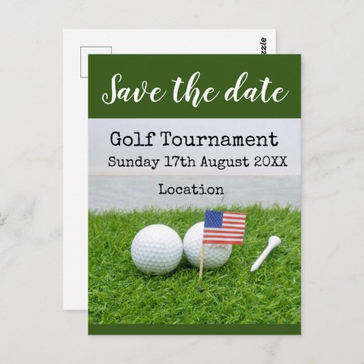 グリーングラスにアメリカ国旗を掲げたゴルフボール ポストカード (正面/裏面)