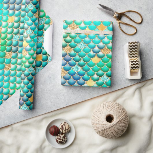 グリーングラデーションフォイル&金ゴールドグリッターマーメイドはかりで測 ラッピングペーパー (クラフト)