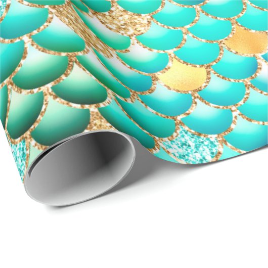 グリーングラデーションフォイル&金ゴールドグリッターマーメイドはかりで測 ラッピングペーパー (ロールコーナー)