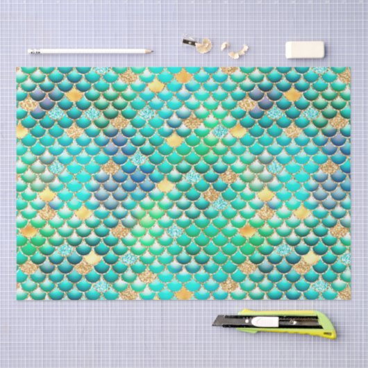 グリーングラデーションフォイル&金ゴールドグリッターマーメイドはかりで測 薄葉紙 (クラフト)