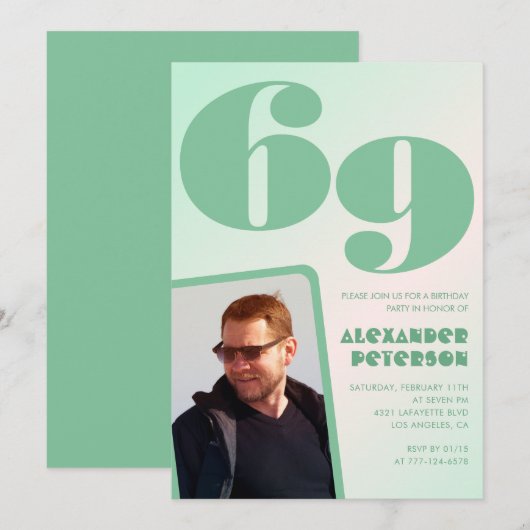 グリーングラデーション 69歳の誕生日招待状 男の子の写真 招待状 (正面/裏面)
