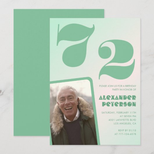 グリーングラデーション 72歳の誕生日招待状 メンズ フォト 招待状 (正面/裏面)