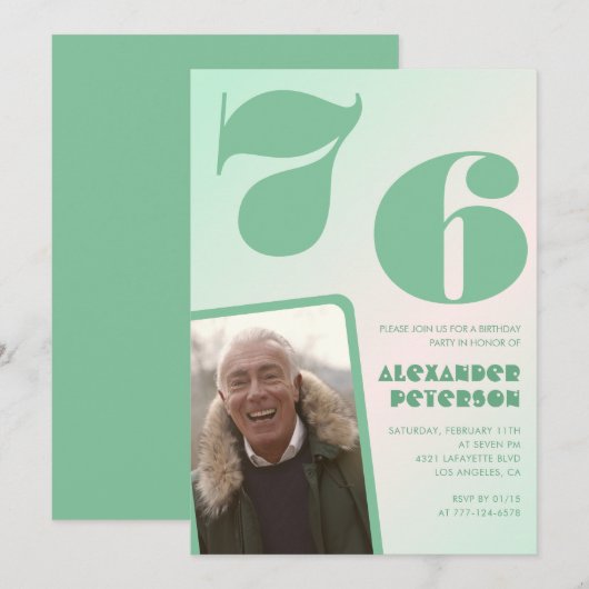 グリーングラデーション 76歳の誕生日招待状 男性 写真 招待状 (正面/裏面)