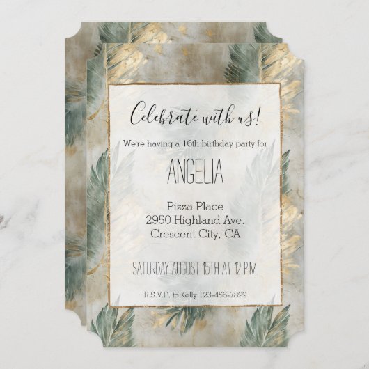 グリーングラムシック金ゴールドトロピカル葉 招待状 (正面/裏面)