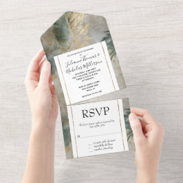 グリーングラムシック金ゴールドホワイトトロピカル葉トロピカル オールインワン招待状