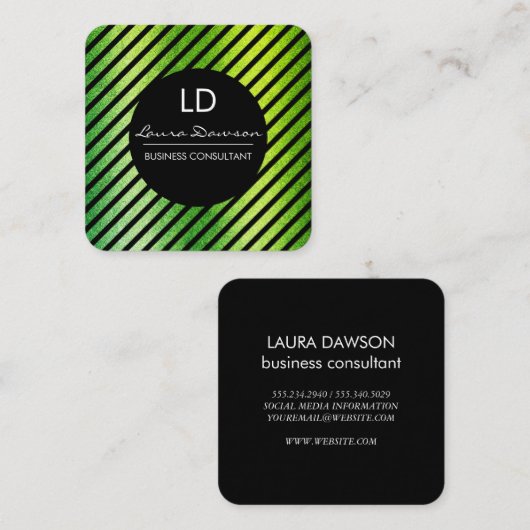 グリーングラモールモノグラム円とストライプ スクエア名刺 (正面/裏面)