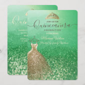 グリーングリッターがおしゃれなゴールドのドレスとティアラのキンセアニエラスタイル 招待状 (正面/裏面)