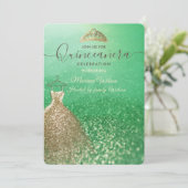 グリーングリッターがおしゃれなゴールドのドレスとティアラのキンセアニエラスタイル 招待状 (スタンド正面)