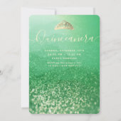 グリーングリッターがおしゃれなゴールドのドレスとティアラのキンセアニエラスタイル 招待状 (裏面)