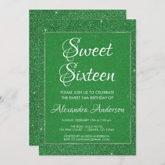 グリーングリッターとスパークルスウィート16バースデーパーティー 招待状 (正面/裏面)