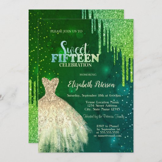 グリーングリッタードリップス、金ゴールドドレススターズキンセアニェラ 招待状 (正面/裏面)
