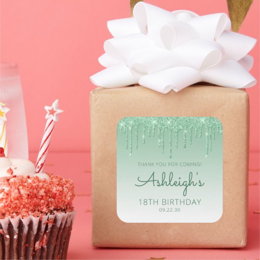 グリーングリッタードリップ18誕生日サンキュー スクエアシール (パーティー)