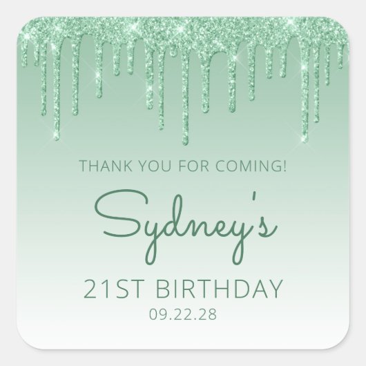 グリーングリッタードリップ21歳の誕生日ありがとう スクエアシール (正面)