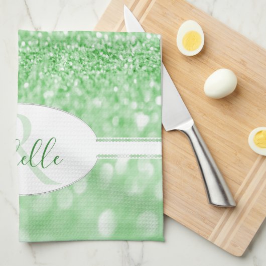 グリーングリッターパーソナライズされたキッチンタオル キッチンタオル (四つ折り)