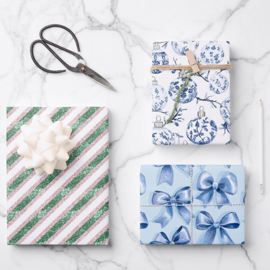 グリーングリッターブルーオーナメントボウズクリスマス ラッピングペーパーシート (正面)