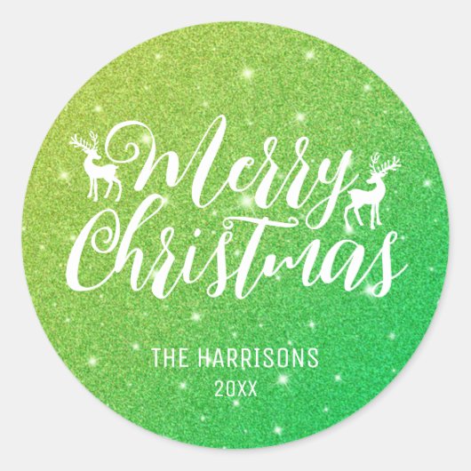 グリーングリッターホワイトタイポグラフィトナカイのクリスマス ラウンドシール (正面)