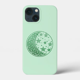 グリーングリッタームーンアンドスターズマンダラ iPhone 13 MINIケース
