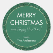グリーングリッターメリークリスマスハッピーニューイヤー ラウンドシール (正面)