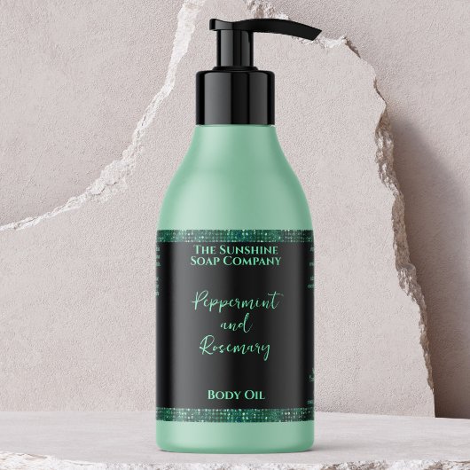 グリーングリッター&ブラック化粧品ボトルラベル 長方形シール