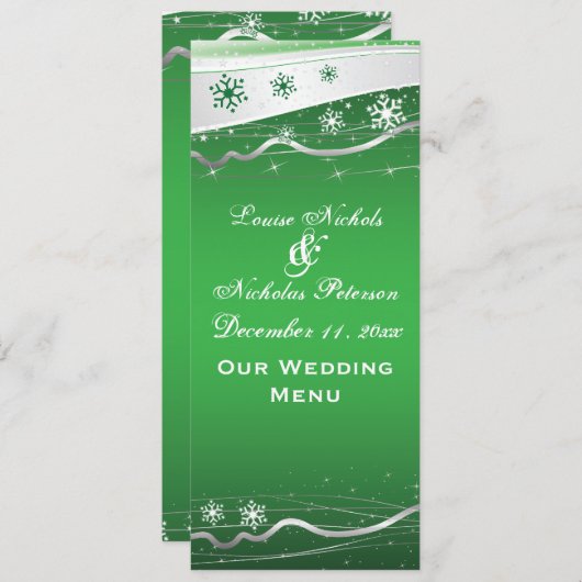グリーングレーのスノーフレーク結婚のメニューカード メニュー (正面/裏面)