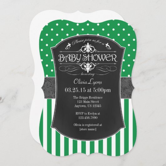 グリーングレーチョークボードストライプ招待状 招待状 (正面/裏面)