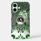 グリーングレーホワイトダマスクジェムストーンモノグラムフローラ Case-Mate iPhoneケース (裏面)