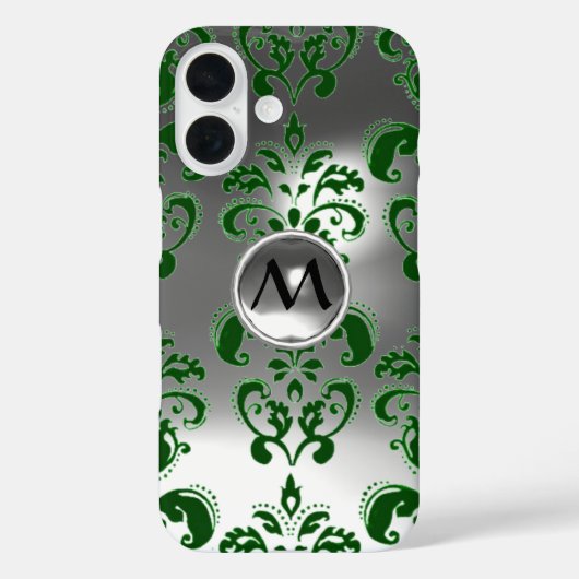 グリーングレーホワイトダマスクジェムストーンモノグラムフローラ Case-Mate iPhoneケース (裏面)