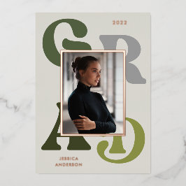 グリーングレーレトロタイポグラフィ写真2022卒業 箔招待状