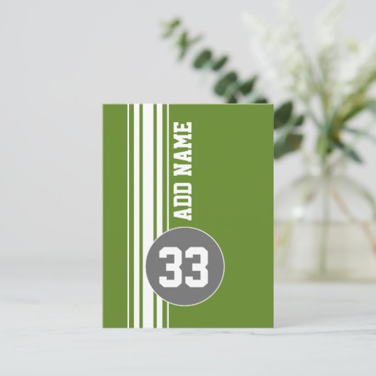グリーングレーレーシングストライプ名前をカスタムする番号 ポストカード (スタンド正面)