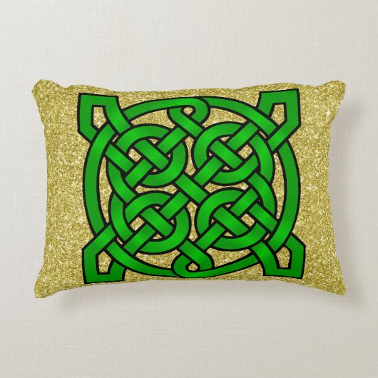 グリーンケルト結び目模様金ゴールドフェイクグリッター アクセントクッション (正面)