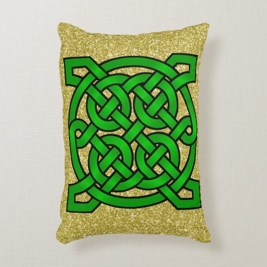 グリーンケルト結び目模様金ゴールドフェイクグリッター アクセントクッション (正面(垂直))
