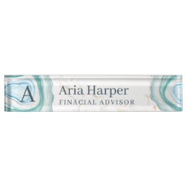 グリーンゲエレガントード金ゴールドグリッターアゲートモノグラム デスクネームプレート