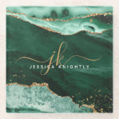 グリーンゲート金ゴールドグリッタースクリプトモノグラム ガラスコースター (正面)