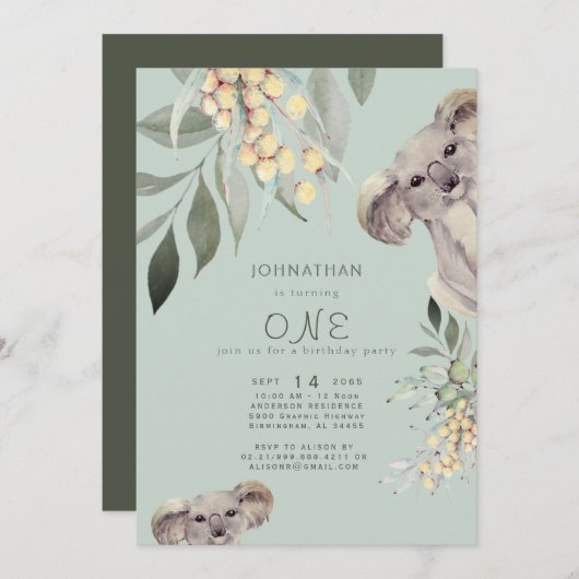 グリーンコアラベアーキュートバースデーパーティの招待状 招待状 (正面/裏面)