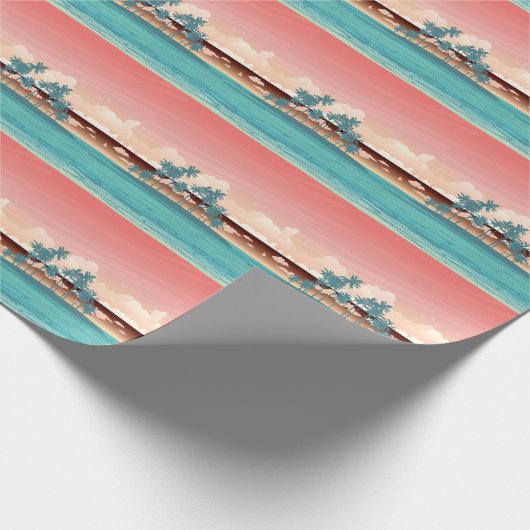 グリーンココナッツ島:夕日のイラストレーション。 ラッピングペーパー (角)