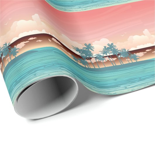 グリーンココナッツ島:夕日のイラストレーション。 ラッピングペーパー (ロールコーナー)