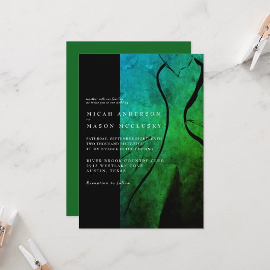 グリーンコンテンポラリー結婚ドレス結婚ズ 招待状 (正面/裏面インサイチュ)