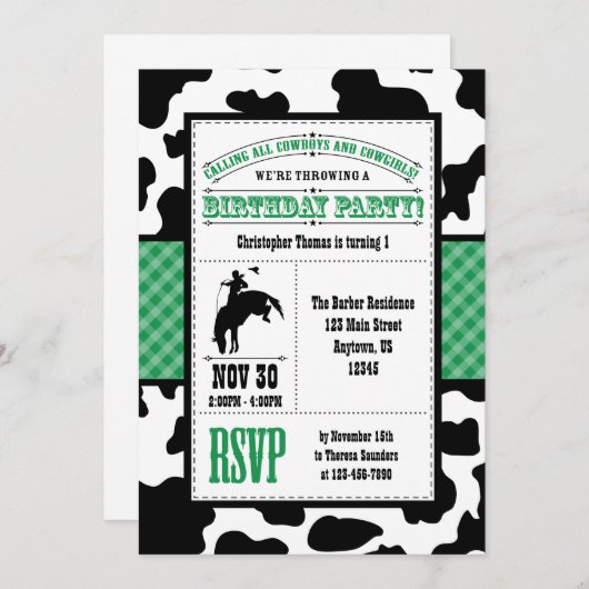 グリーンコーハイドカウボーイ誕生日招待状 招待状 (正面/裏面)