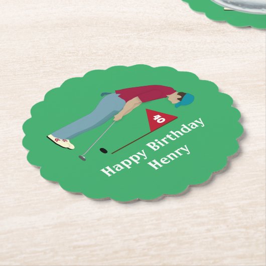 グリーンゴルファーのパッティング誕生日 ペーパーコースター (アングル)