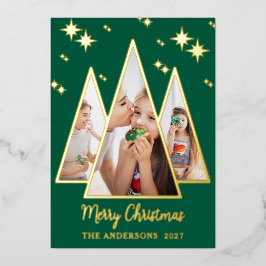 グリーンゴールドのクリスマスツリーフォト箔押しホリデーカード 箔シーズンカード