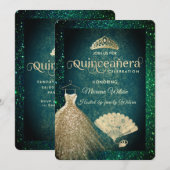 グリーンゴールドのグリッター ドレス ティアラ ファン キンセアニョーラ イン 招待状 (正面/裏面)