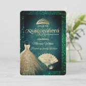 グリーンゴールドのグリッター ドレス ティアラ ファン キンセアニョーラ イン 招待状 (スタンド正面)