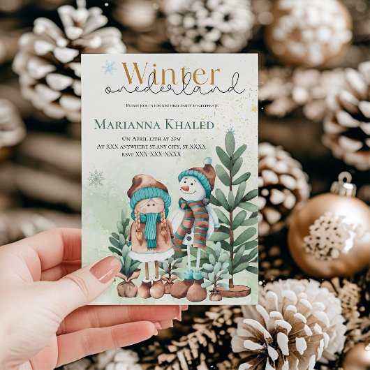 グリーンゴールドのスノーガールとスノーマンのクリスマス・バースデー 招待状