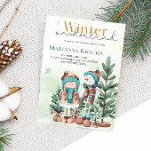 グリーンゴールドのスノーガールとスノーマンのクリスマス・バースデー 招待状