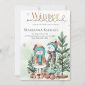 グリーンゴールドのスノーガールとスノーマンのクリスマス・バースデー 招待状 (正面)